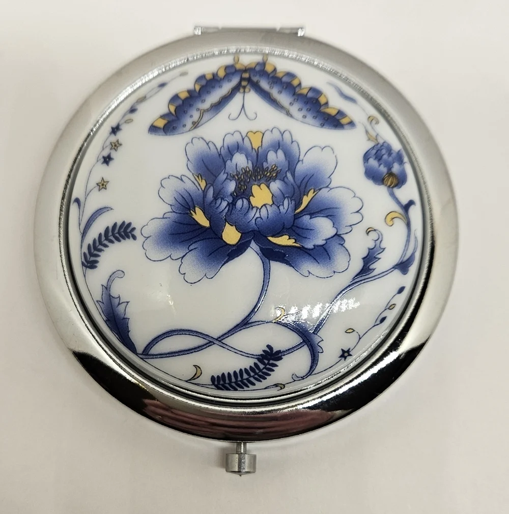 Flower Butterfly Compact Mirror Genuine Porcelain Blue White Make Up